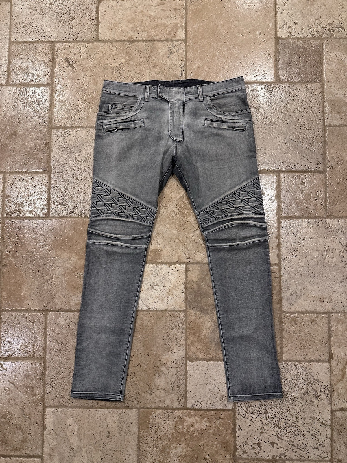 Balmain OG Grey Wash Houndstooth / Stars Biker Denim Jeans