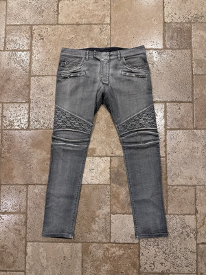 Balmain OG Grey Wash Houndstooth Stars Biker Denim Jeans