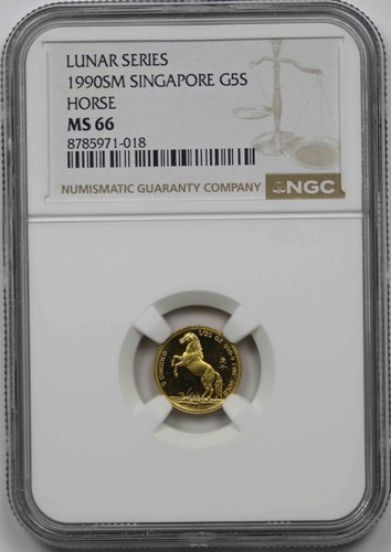 1990 Singapore 5 Singold Gold 1/20 oz Lunar Year of the Horse NGC MS 66 9999
