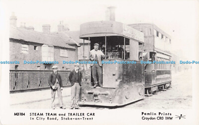R702209 Stoke on Trent. Dampf Straßenbahn und Anhänger Auto in Stadtstraße. Pamlin Prints
