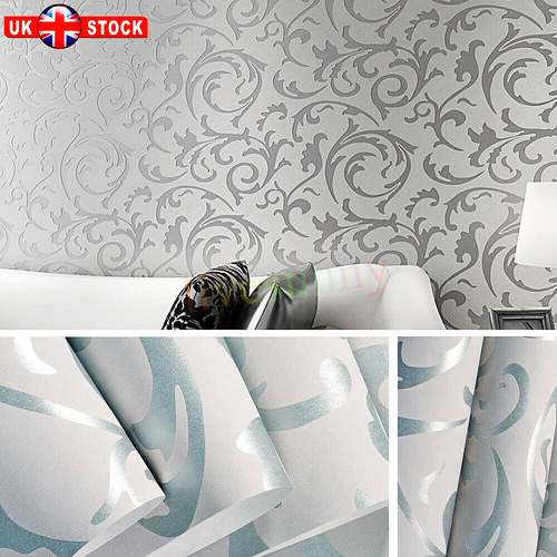 Luxury 3D Victorian Damask Embossed Wallpaper Silver Grey LivingRoom