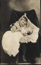 Proud Brother Beaming Smile at Baby Brother/Sister PHOTOGRAPHY c1910 RPPC