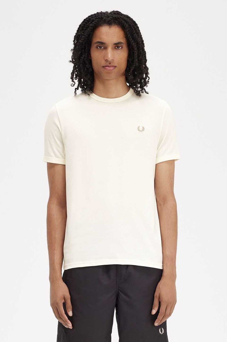 Tシャツ・カットソー FRED PERRY SS24 FP RINGER T-SHIRT (M3519 094 S64 ECRU) Fred Perry T-shirt Ringer Plain in Cotton M3519 Men Ecru-S64