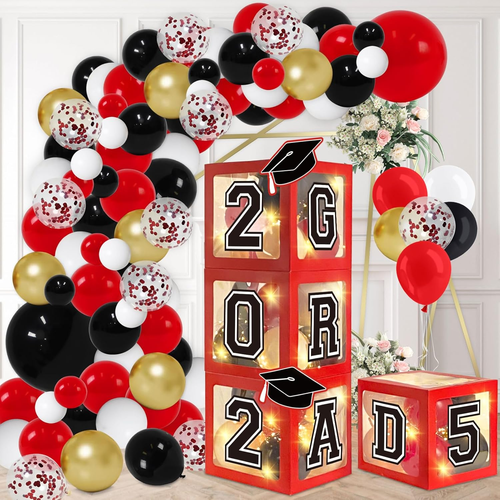 DAZONGE Graduation Decorations 2025, Set of 4 Red Grad Balloon Boxes with 139Pcs - Picture 12 of 12
