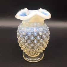 Vintage Fenton Art Glass White Opalescent Hobnail Mini Vase Crimped Top
