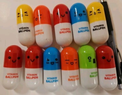 LOT OF 11~Vitamin Capsule Pen Stationery Cute Smile Face Point Telescopic NEW 