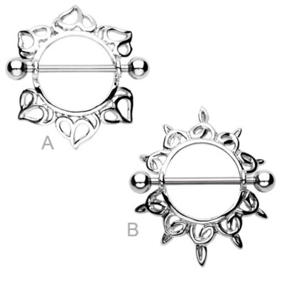 Boucliers Piercing Tétons Soleil Et Cœurs - Acier Chirurgical 14G (1.6mm), Argenté, Neuf Avec étiquettes