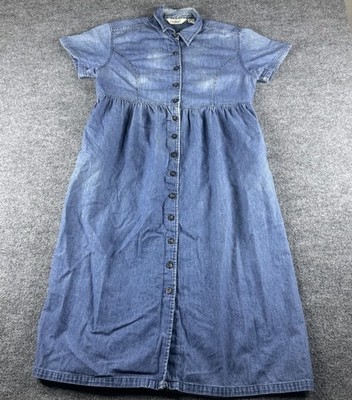 VINTAGE LL Bean Denim Dress Womens 12 Blue Button Front Ruffled Cottagecore