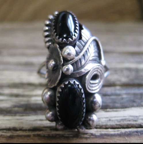 VtG Navajo Native Black Onyx Floral Ornate 925 Ring sz 10  signed.