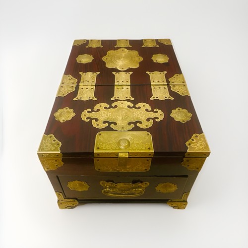 VINTAGE KOREAN ASIAN WOOD & BRASS JEWELRY BOX VANITY CHEST FOLDING MIRROR