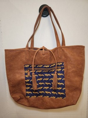 Vegan LEATHER Large Fox Tote Bag Lined Double Handles Tassels 21.5''x20'' w/handle