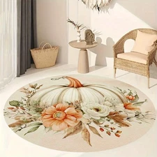 Modern Minimalist Round Area Mat with Pumpkin & Floral Design - Durable Polyeste