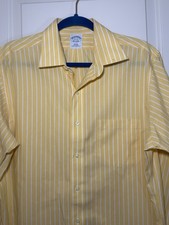 Brooks Brothers Dress Shirt Mens 16-33 Button Down Yellow Stripe Non Iron Slim