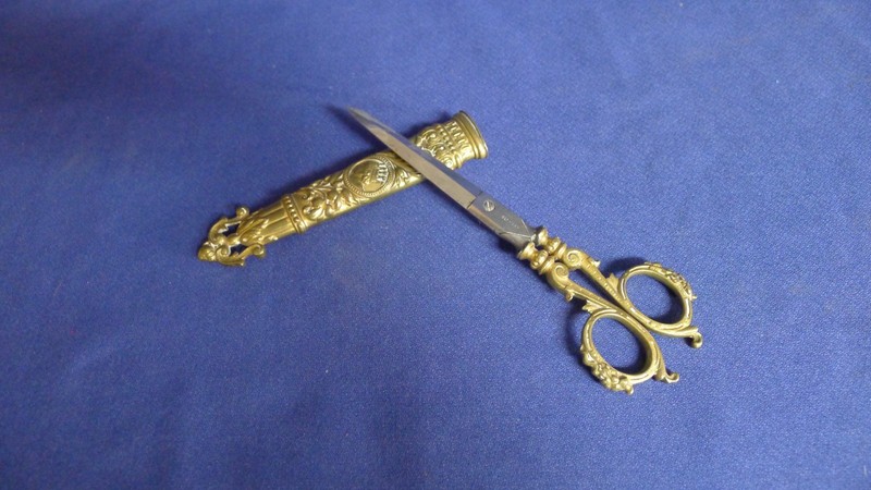 Antique Victorian German Brass Decorated Scissors with Matching Brass Sheath