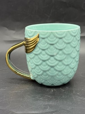 mermaid tail mug teal gold 15oz ceramic coffee cup raised scale coastal decor