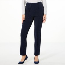 Nina Leonard Hi-Tech Metallic Crepe Pull-On Narrow-Leg Pants Navy Size Small