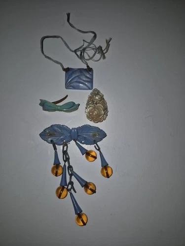 VINTAGE OLD CELLULOID-BAKELITE COSTUME JEWELRY LOT OF 4 ONE MADE IN JAPAN