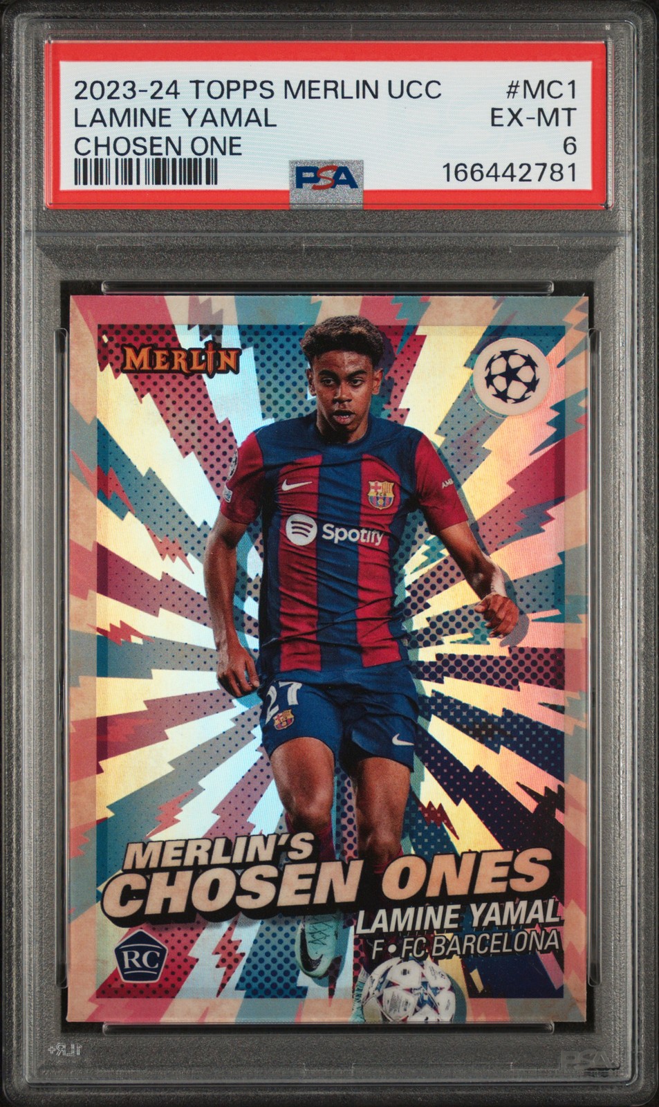 2023-24 TOPPS MERLIN UCC MERLIN'S CHOSEN ONES #MC1 LAMINE YAMAL ROOKIE RC PSA 6 view 1