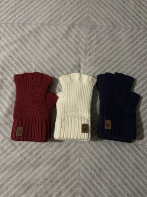 3 pairs Half Finger Winter Soft Gloves for Girls Knitted Burgundy/White/Navy