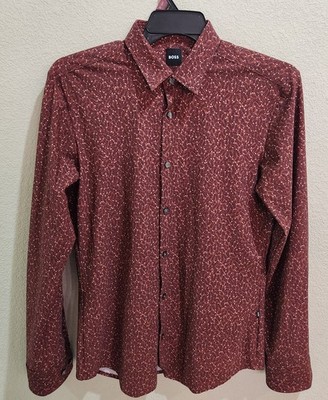 Hugo Boss Men's Long Sleeve Maroon Flowers Petal Pattern Shirt Casual Slim Fit