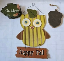 Rustic Fall Wooden Décor Trio Owl “Happy Fall,” Gather Leaf, Acorn