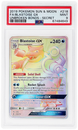 2019 Pokemon Sun and Moon Unbroken Bonds Blastoise Gx Secret Rare #218 PSA 9