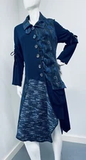 Tesoro Moda Art to Wear Long Mixed Fabrics Knit Coat Jacket Cardigan Navy Sz L