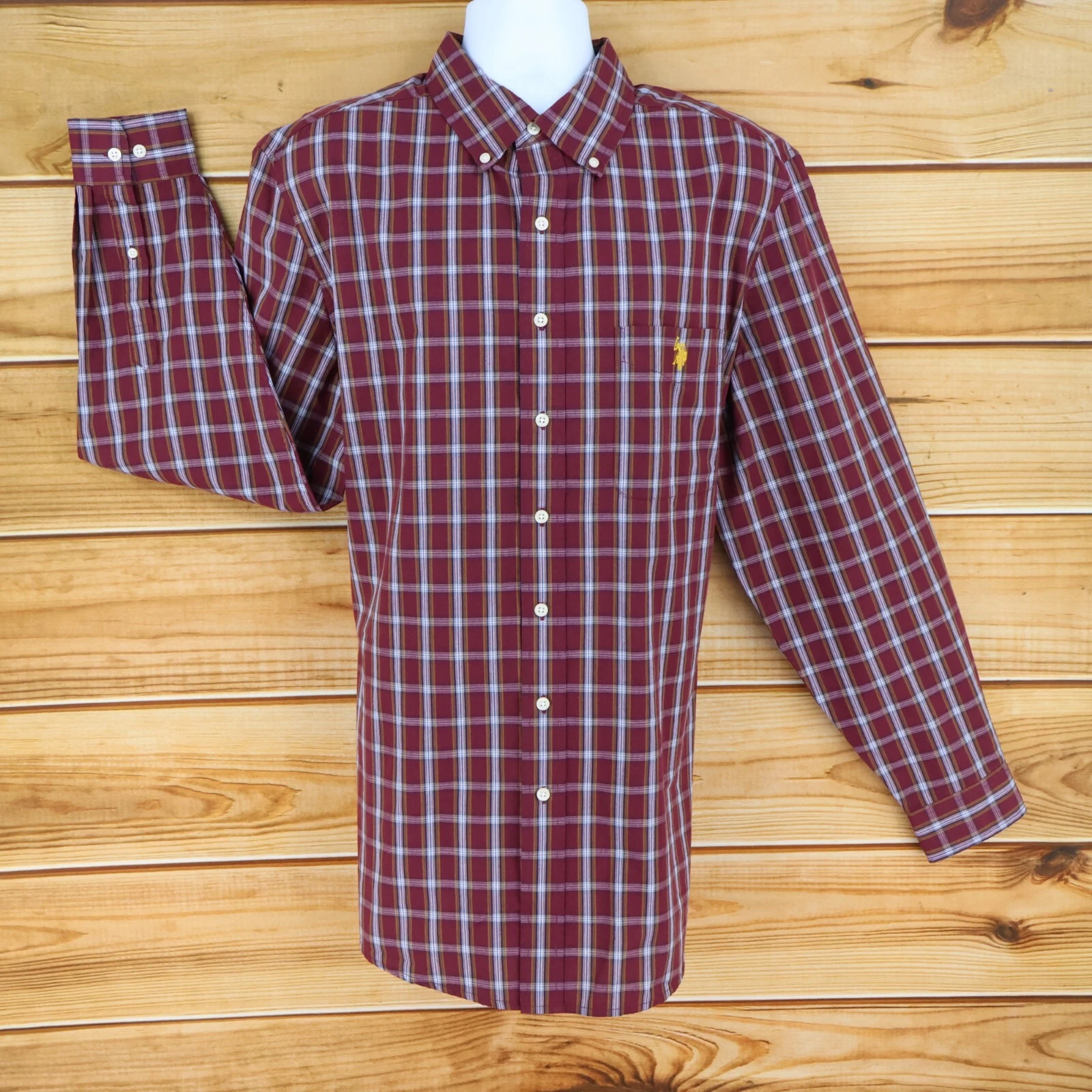 US Polo Asnn. Long Sleeve Button Down Shirt Mens Sz LT Red Plaid Pocket NWT $60