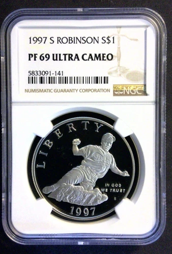 1997-S Jackie Robinson Commemorative Silver Dollar Graded - NGC PF69 Ultra Cameo