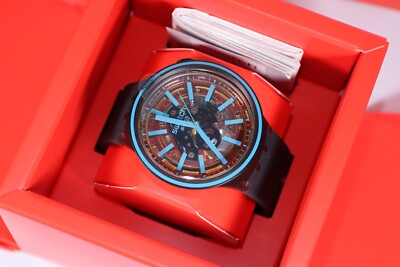 New Swiss Swatch Big Bold FIRE TASTE SO27B112 47MM Blue Dial Black Transparent