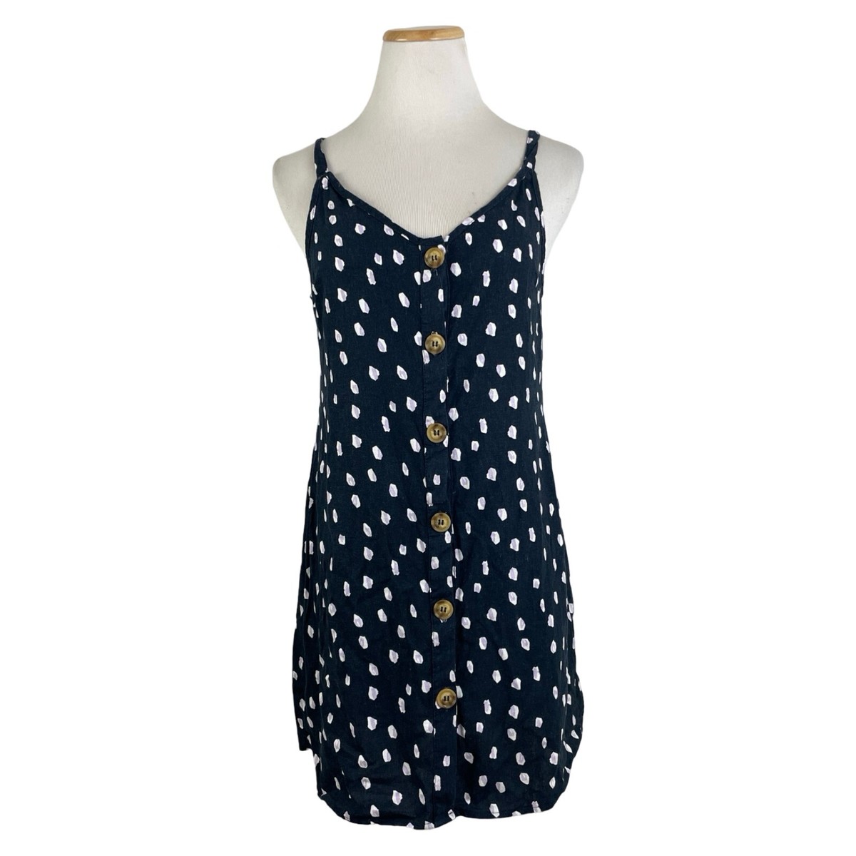 COTTON ON Dress Black White Tan Dot Linen Viscose Mini Size Small Buttons V  Neck | eBay