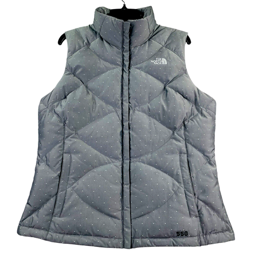 The North Face 550 Vest Women Sz L Gray Polka Dot Quilted Goose Down Puffer Zip