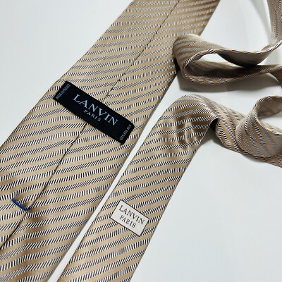 LANVIN Paris Modern/Recent Tan,Brown&Gray Striped Glossy Silk Tie 60.5x3  