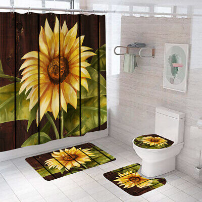 Sunflower Shower Curtain Set Bathroom Rug Thick Soft Toilet Lid Cover Bath Mat 