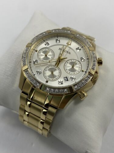 Bulova Classic Diamonds Chronograph Quartz Gold Tone Steel Men's Watch 98E113 - Picture 4 of 16
