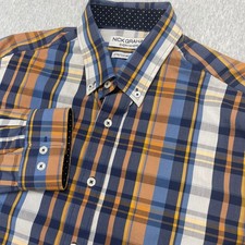 Nick Graham Shirt Mens L Stretch Modern Fit Blue Orange Plaid Button Down EUC