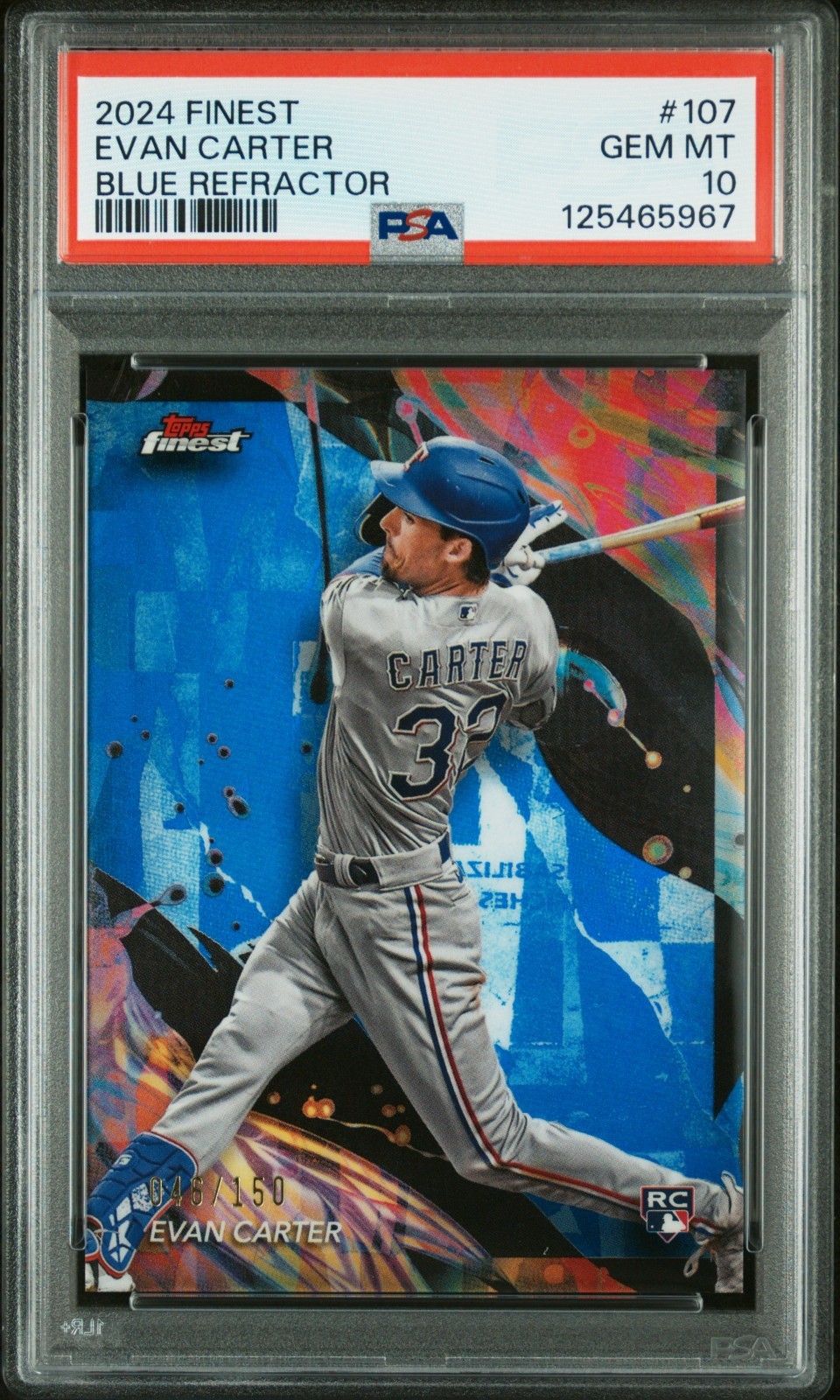 Evan Carter 2024 Topps Finest #107 Blue Refractor /150 (RC) PSA 10