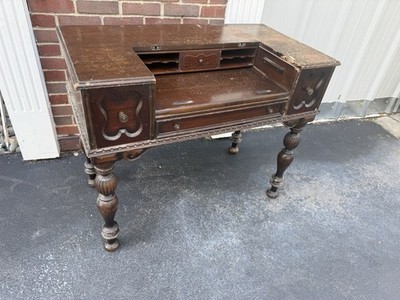 Antique Spinet Piano Secretary Writing Desk Drawers Turned Legs 
