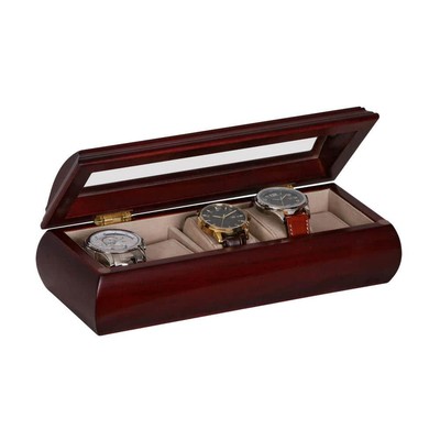 Mele & Co Watch Box Cherry Wood 5-Section Domed Glass Lid Suede Interior Modern