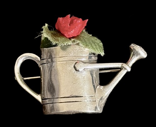 Vintage H&H DeMatteo Sterling Silver Watering Can & Fabric Flower Brooch~1950s