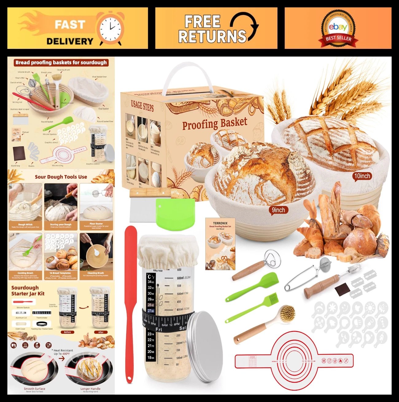 19-Piece Sourdough Bread Proofing Basket Set - 9" Round & 10" Oval, Tools Includ