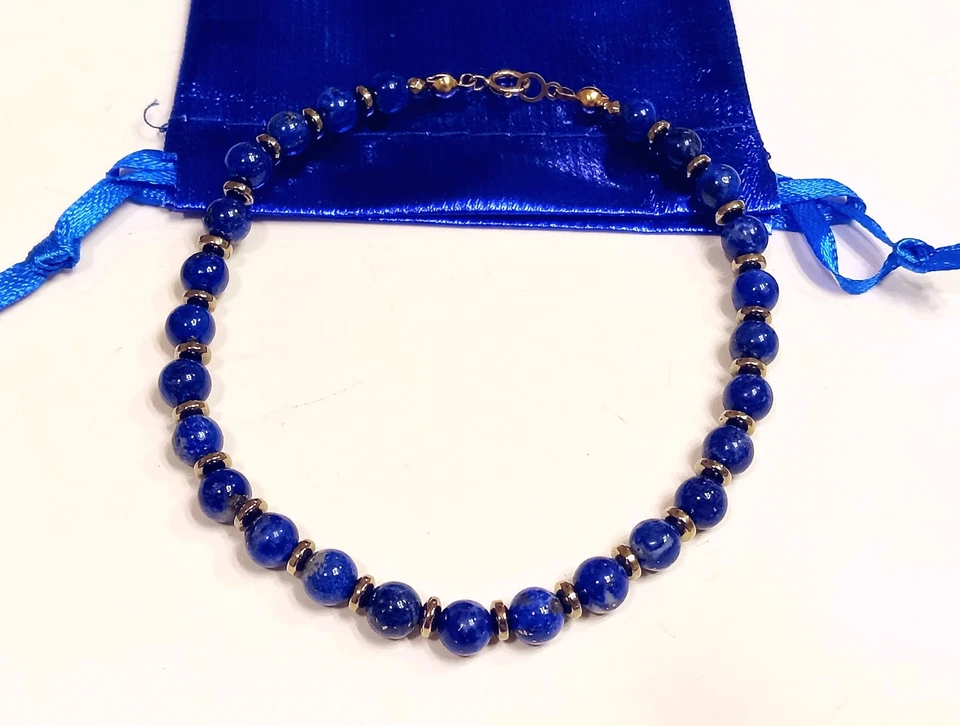 Pulsera Disco LAPISLÁZULI Y ORO 6mm.   Anillo de resorte de oro 14K.  Anudado. LONGITUD PERSONALIZADA Foto 2 de 4