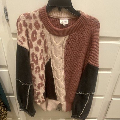 BIBI Colorblock Leopard Cable-Knit Pullover Sweater Pink Cream Black Brown S