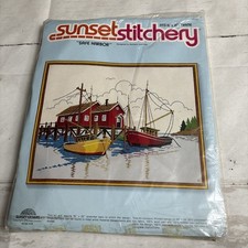 Vintage 1980 Sunset Stitchery Kit Safe Harbor Fishing Boats 2510 Embroidery NEW