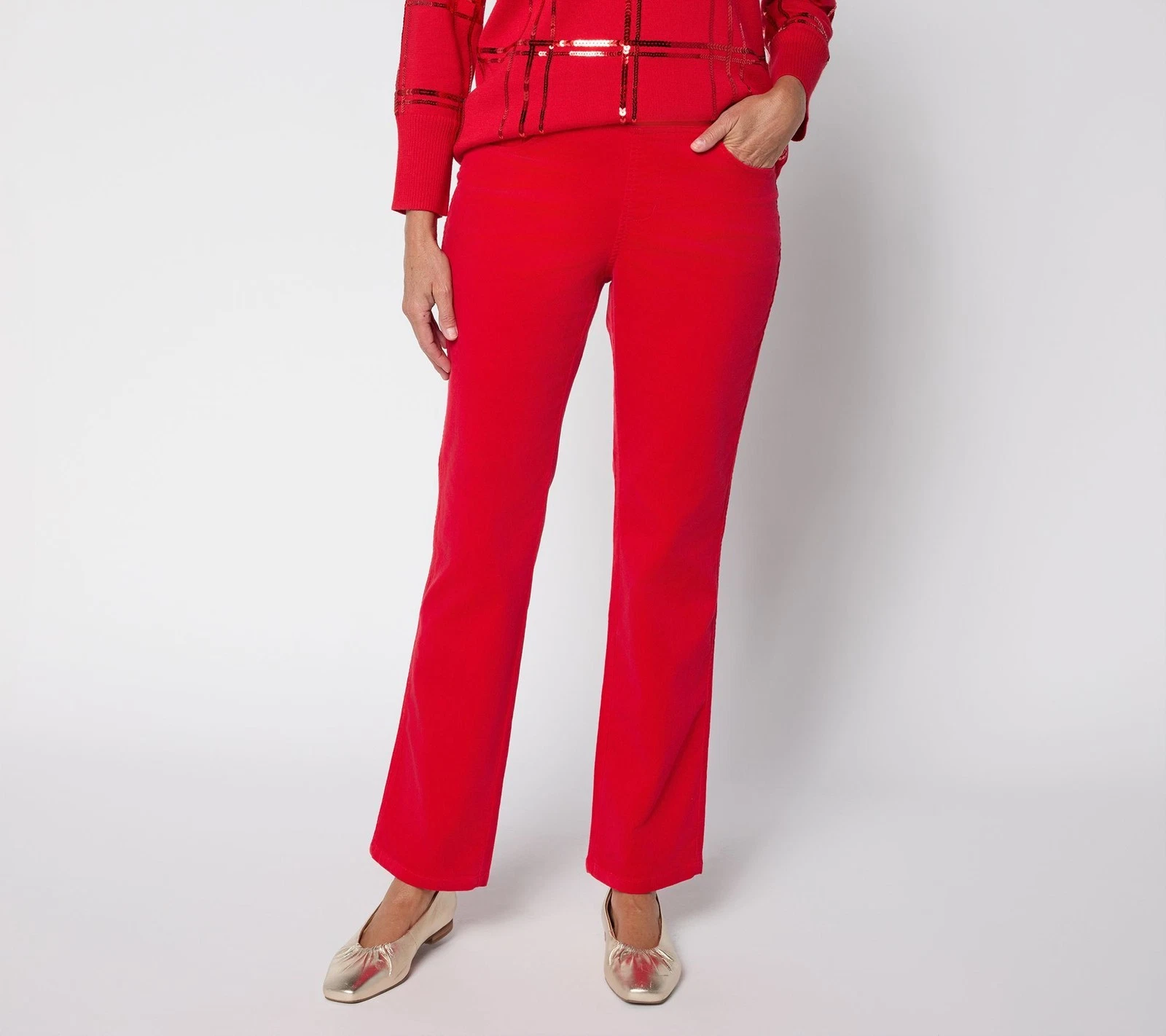 Belle by Kim Gravel Women's Petite Pants 10P TripleLuxe Corduroy Red A708370