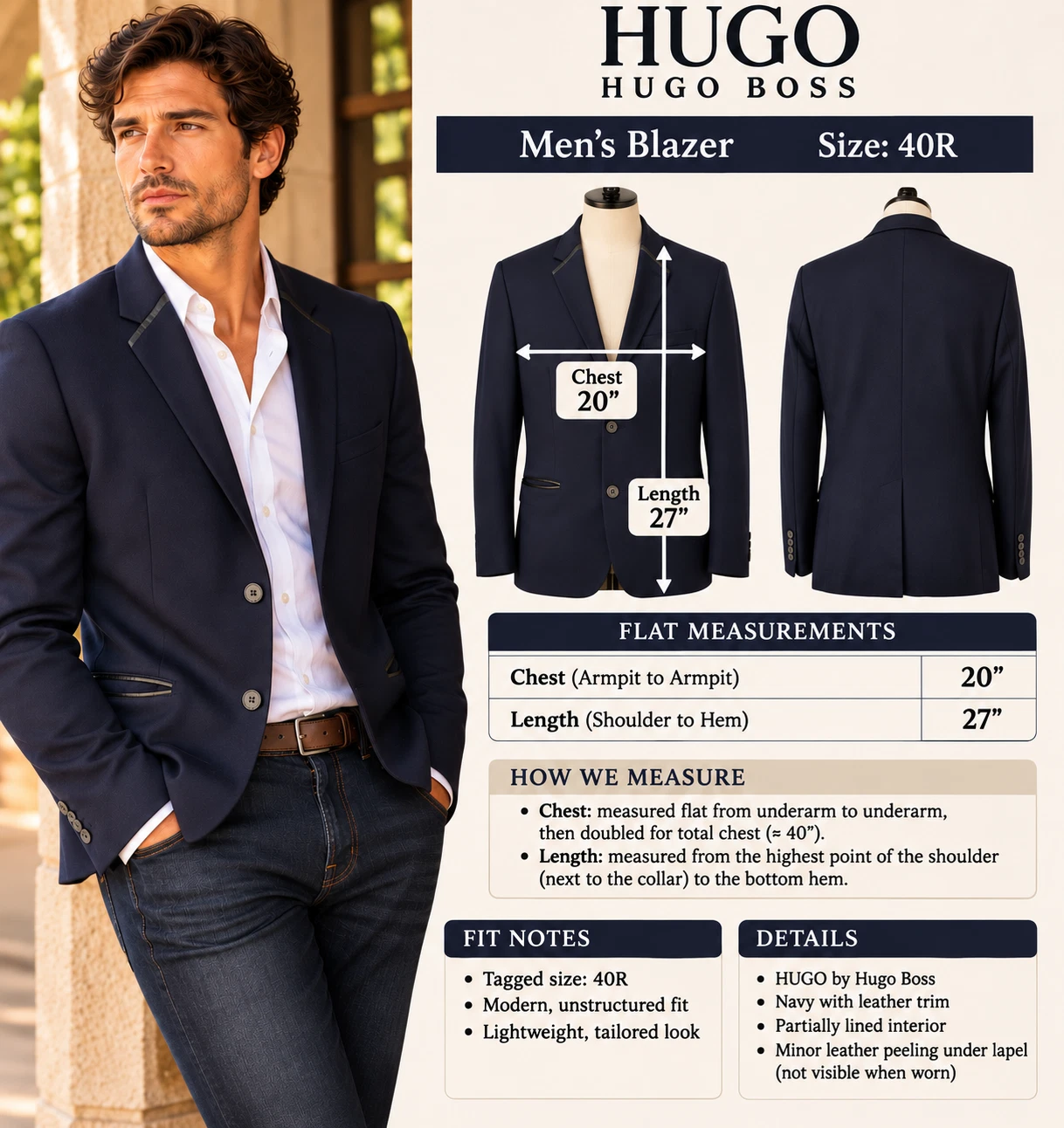 HUGO Hugo Boss Mens 40R Navy Wool Feel Blazer Leather Trim Unstructured Jacket - product detail image 13