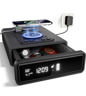Smart Biometric Safe with Wireless Charging for Phone & Watch, 3 Access Methods