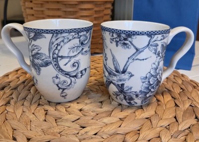 Set of 2 -222 Fifth Adelaide Blue White Porcelain Coffee Mugs Floral Birds Toile