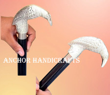 Handmade Nickel Finish Brass Raven walking stick Black wood Costume walking cane