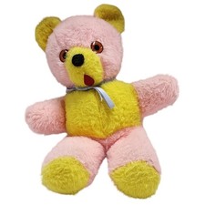 Vintage Two Tone Pink Yellow Teddy Bear Plush Toy Stuffed Animal Wind Up Musical
